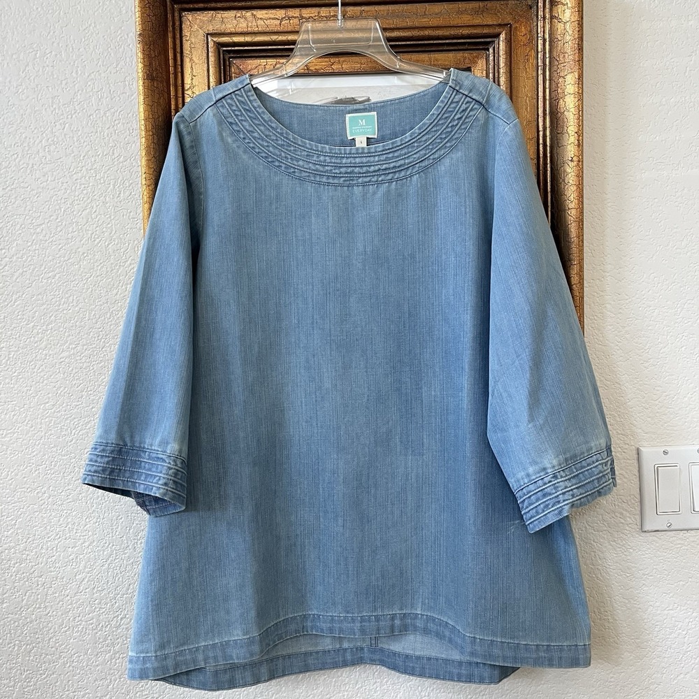 Martha Stewart Shirt Womens Large Denim 1/2 Sleeve Tunic Pullover Cotton Top